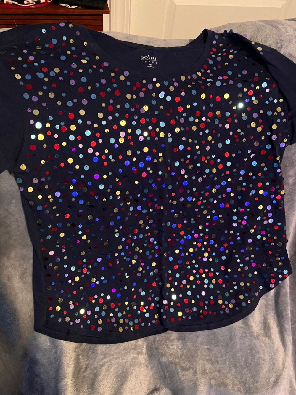 Navy blue shirt with multicolored lg sequins